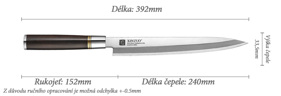 Rozměry sashimi nože s 240mm dlouhou čepelí